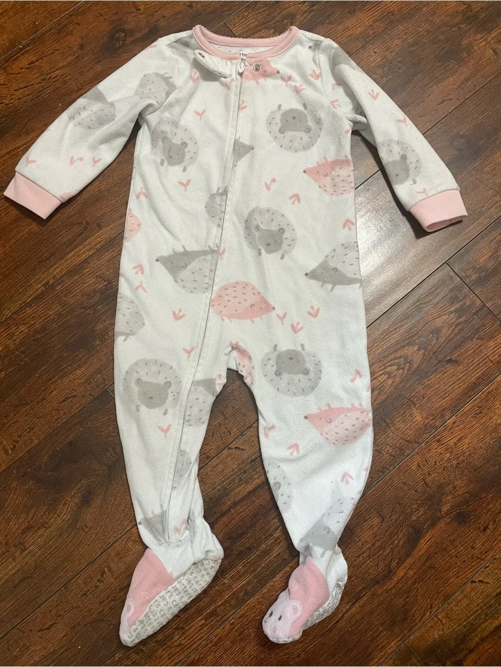 Carter's White Footed One-Piece with Pink & Gray Hedgehog Print